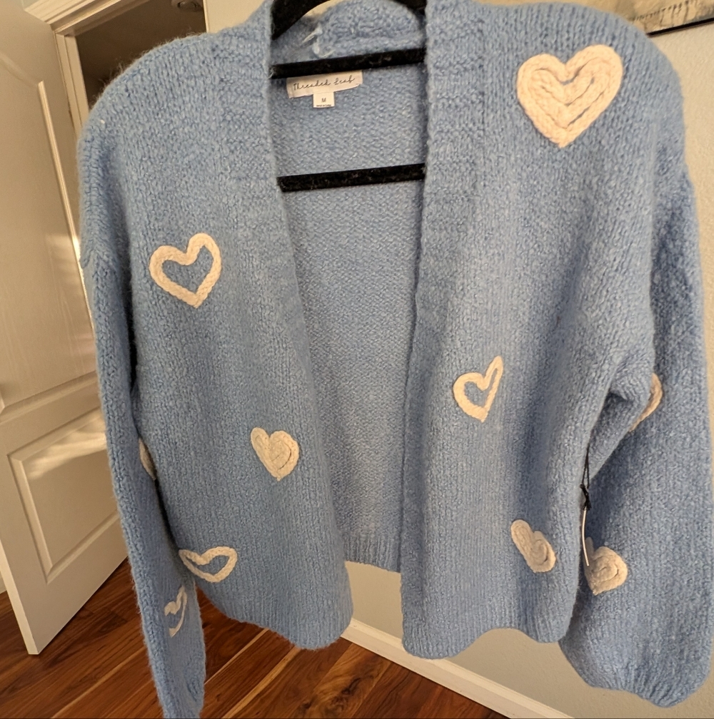 Threaded Leaf Embroidered Heart Open Front Cardigan Sweater Size Medium Nwt  ❤️